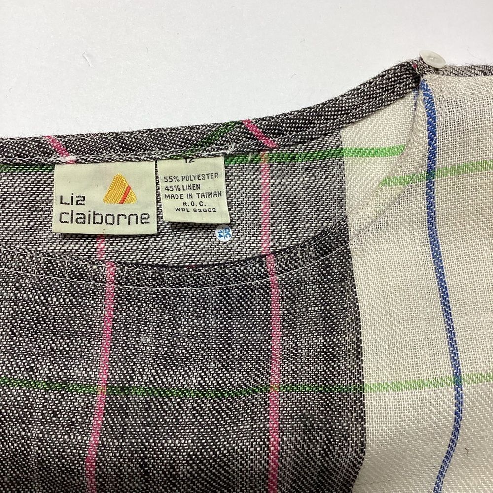 Vintage Liz Claiborne Linen Blouse Size 12 Black White Gray Plaid Grid Print - Picture 5 of 9
